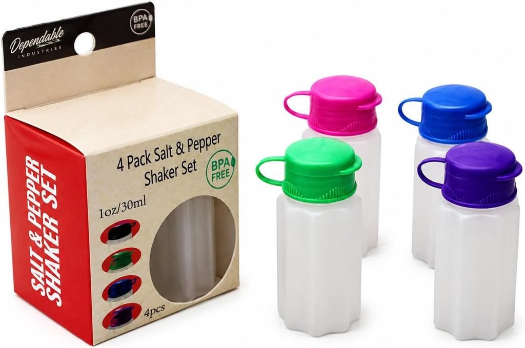 Four-pack of salt and pepper shakers with colorful lids, ideal for sprinkling in a DIY mud kitchen