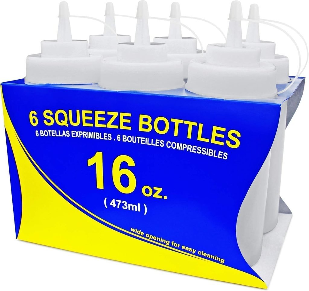 Six 16 oz. squeeze bottles for pouring colored liquids at a DIY mud kitchen potion station