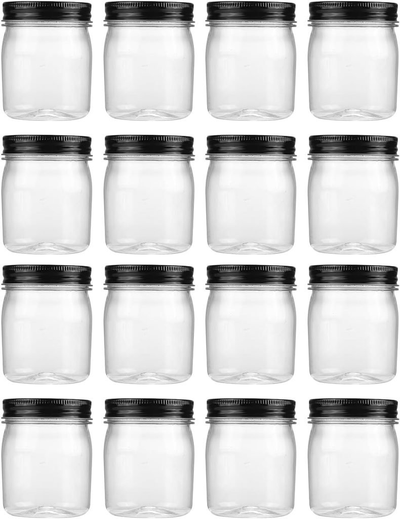 Set of clear plastic jars with black screw-top lids 