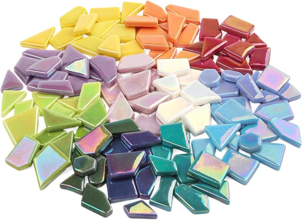 Iridescent mosaic tiles in rainbow colors