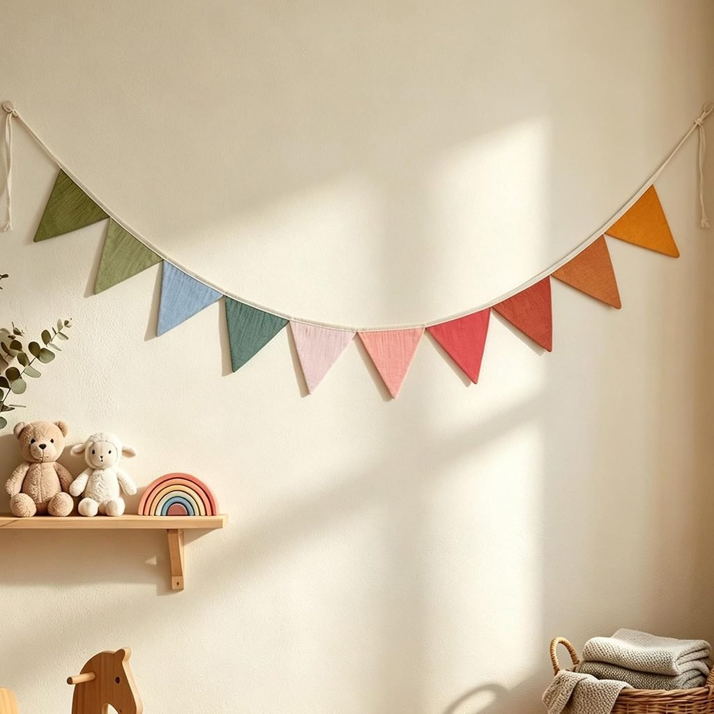 Colorful felt pennant banner hanging above a shelf, a cute decoration for a DIY mud kitchen potion station