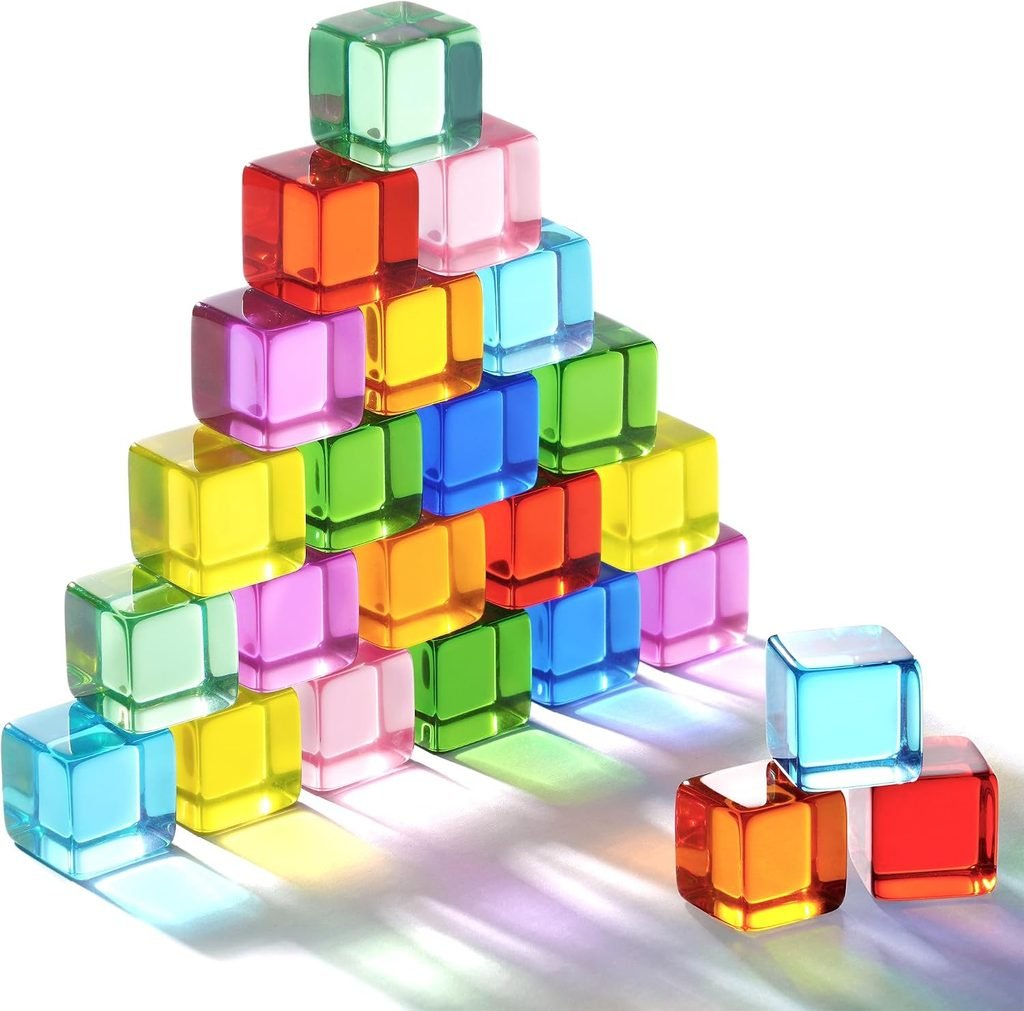 Stacked translucent acrylic cubes in bright colors