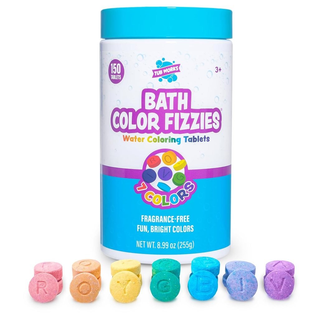 Tub of bath color fizzies tablets for fizzy, color-changing potions