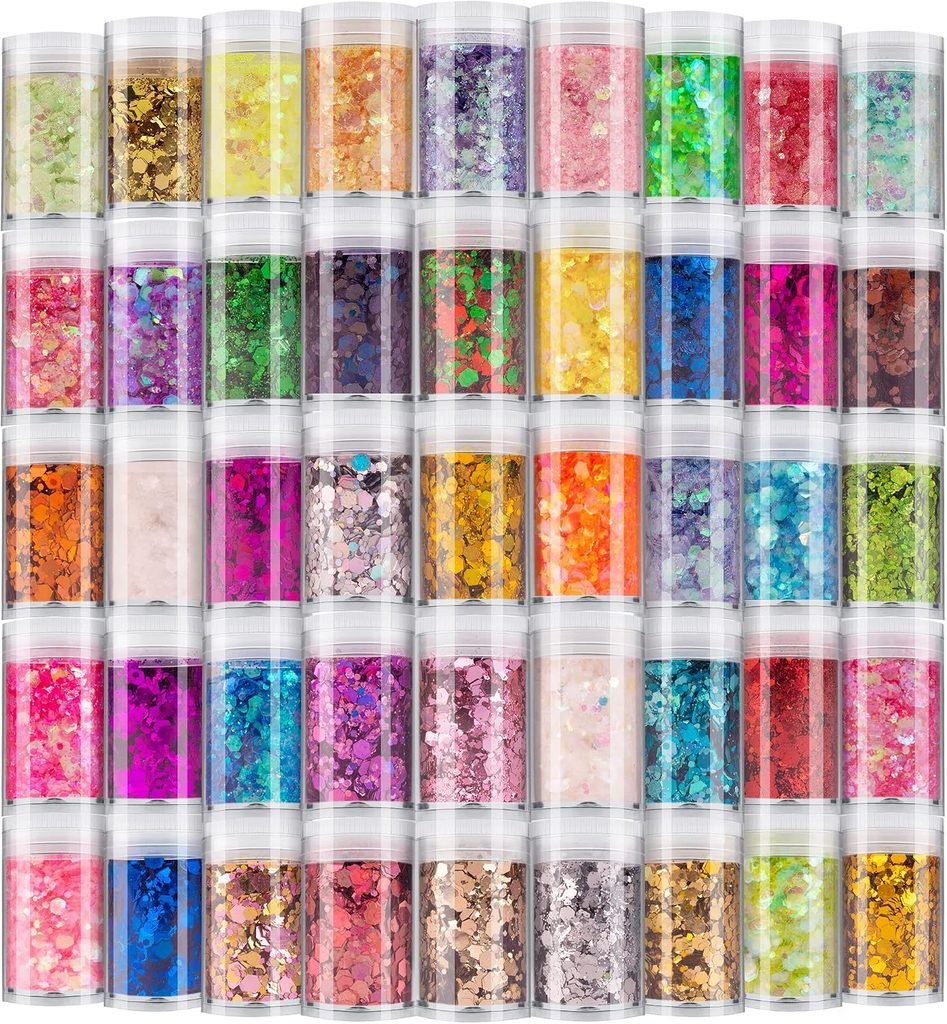 Set of glitter and sequin jars in a rainbow of colors 