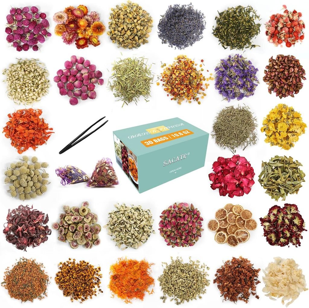 Assorted dried flowers and herbs with tweezers, perfect for a DIY mud kitchen potion station