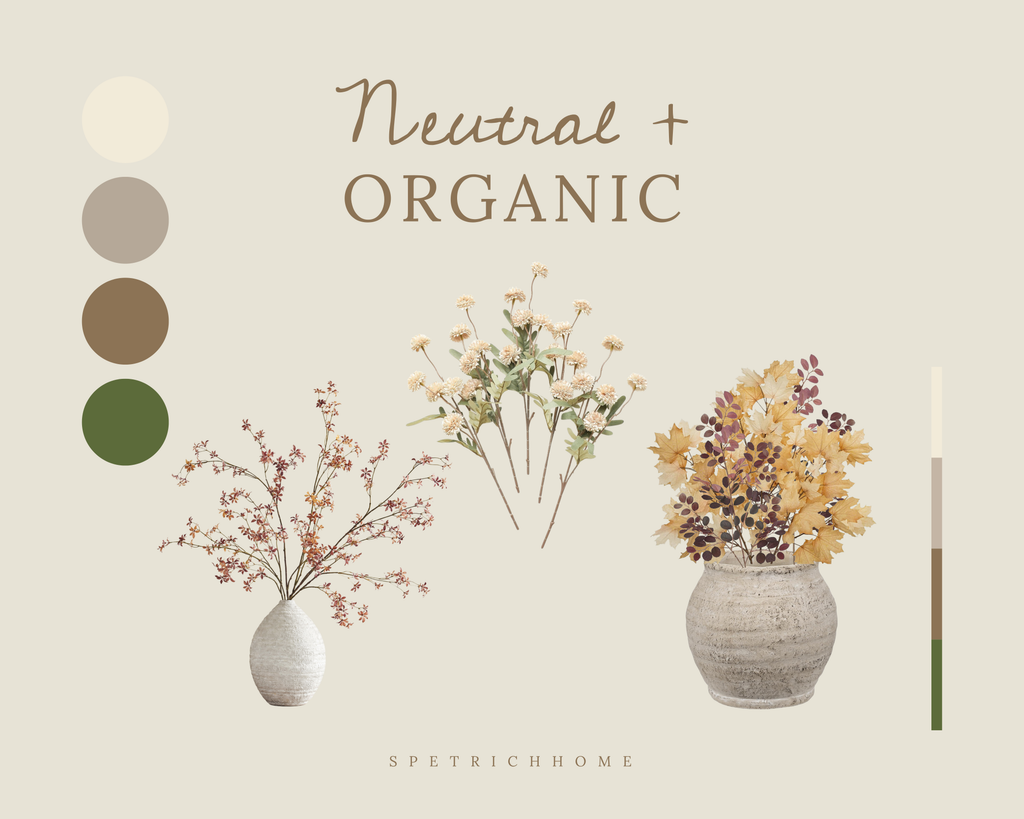 A cream, gray, tan, and green color palette for a faux fall floral arrangement along with accompanying stems and flowers in those colors