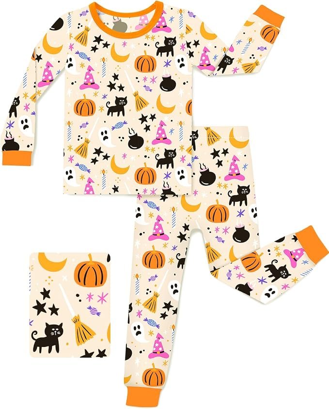 Easy Halloween Ideas for Kids: Halloween pajamas with pumpkins, brooms, witch hats, and black cats,