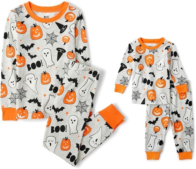 Easy Halloween Ideas for Kids: Halloween pajamas with pumpkins, ghosts, witch hats, and bats
