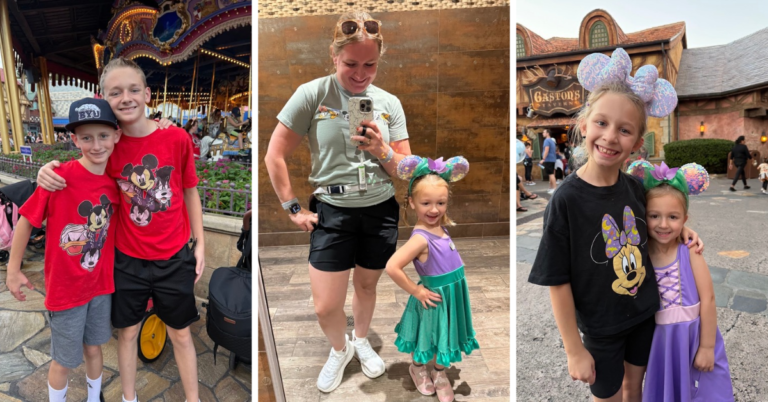 Boys with Disney character shirts, a mom and daughter at Disneyland, and two girls in a Disney shirt and Rapunzel dress